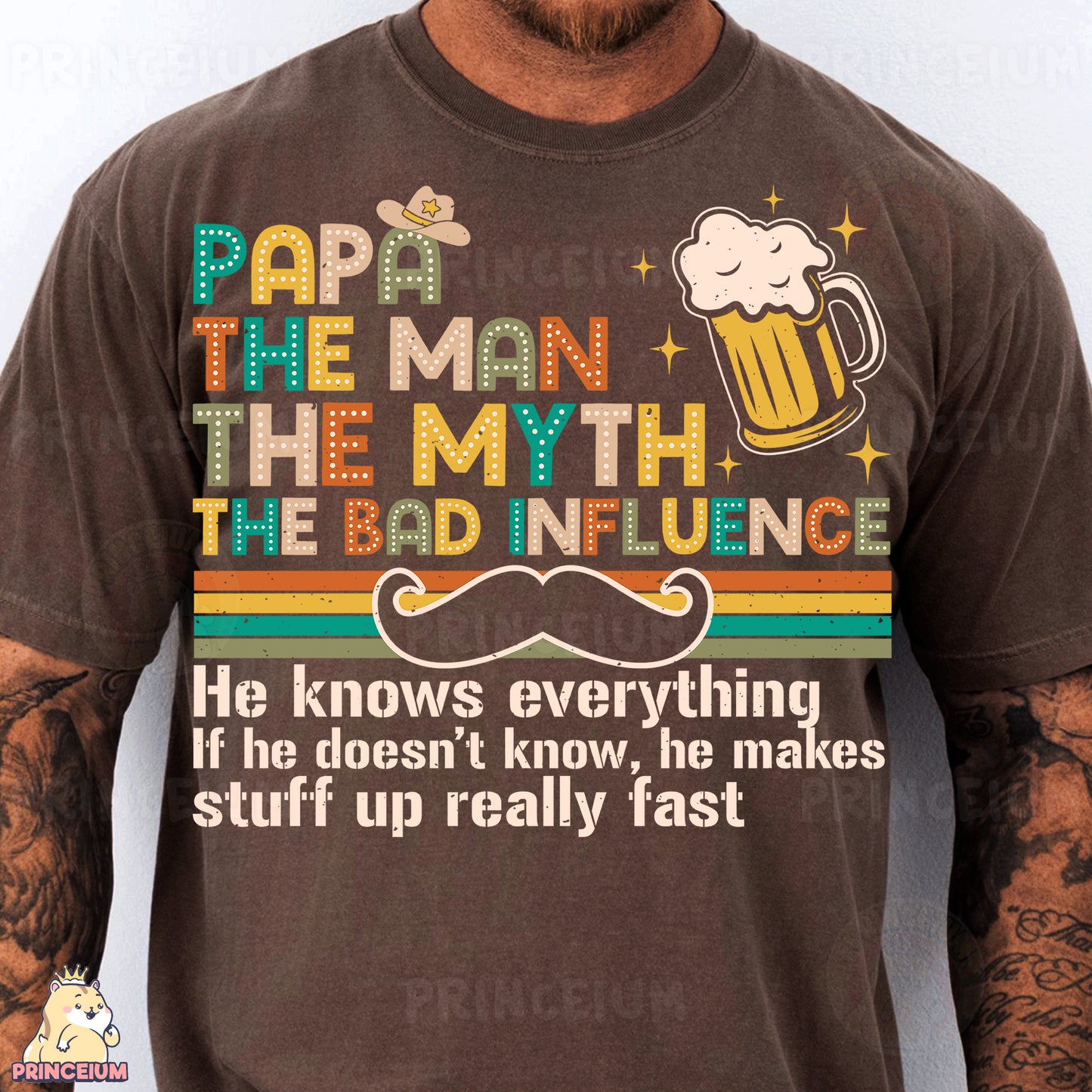 a man wearing a brown t - shirt with a mustache and a moustache