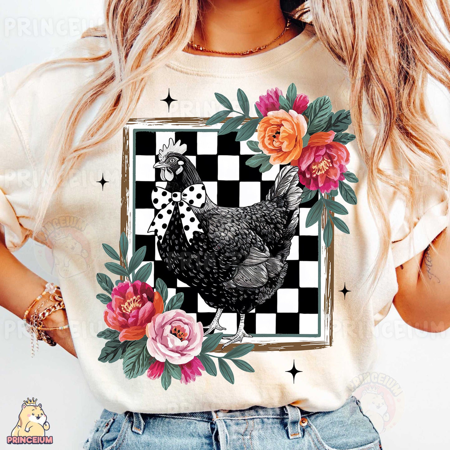 a woman wearing a t - shirt with a chicken on it