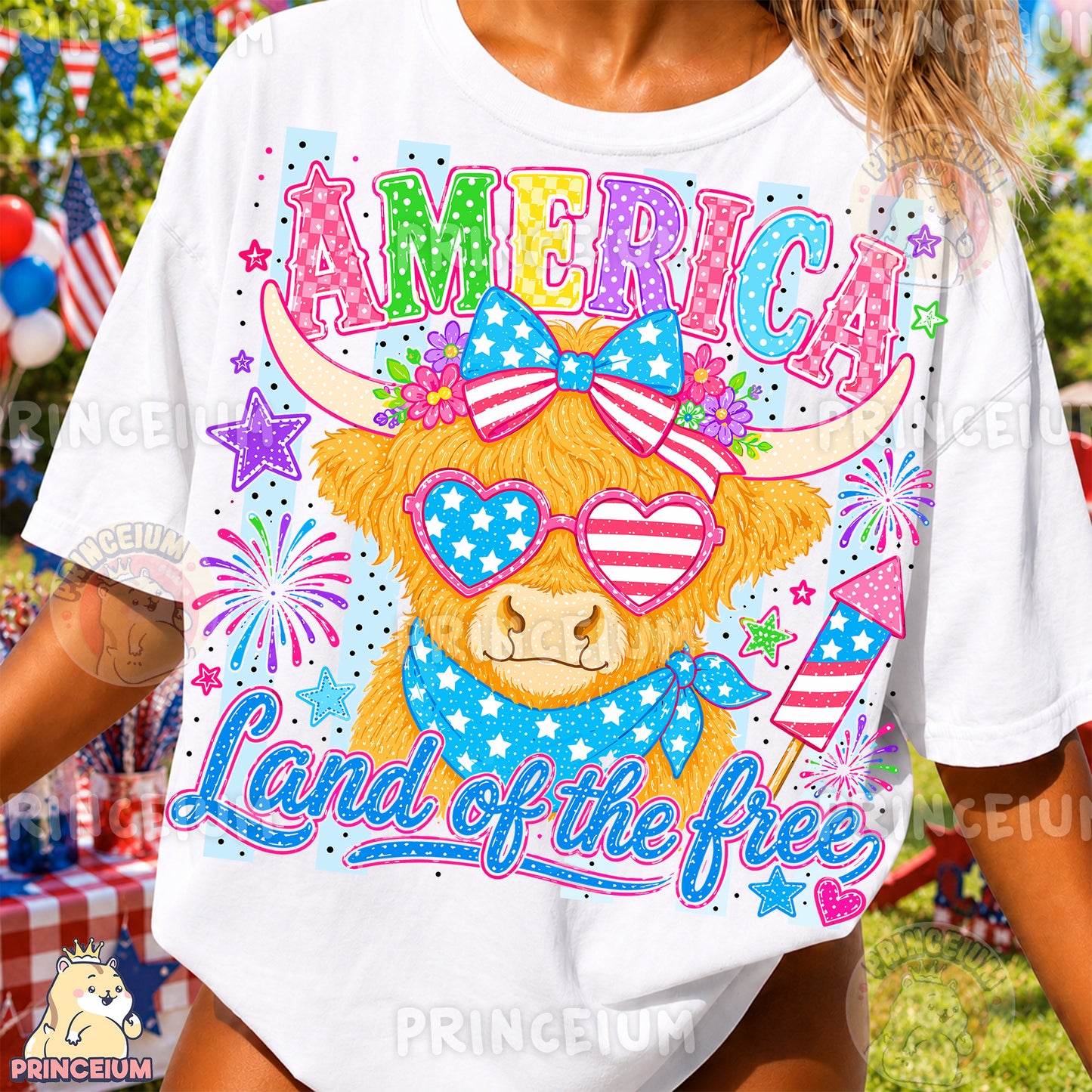 America Land of the Free PNG, Patriotic Highland Cow 4th of July Design, Americana Sublimation Graphic