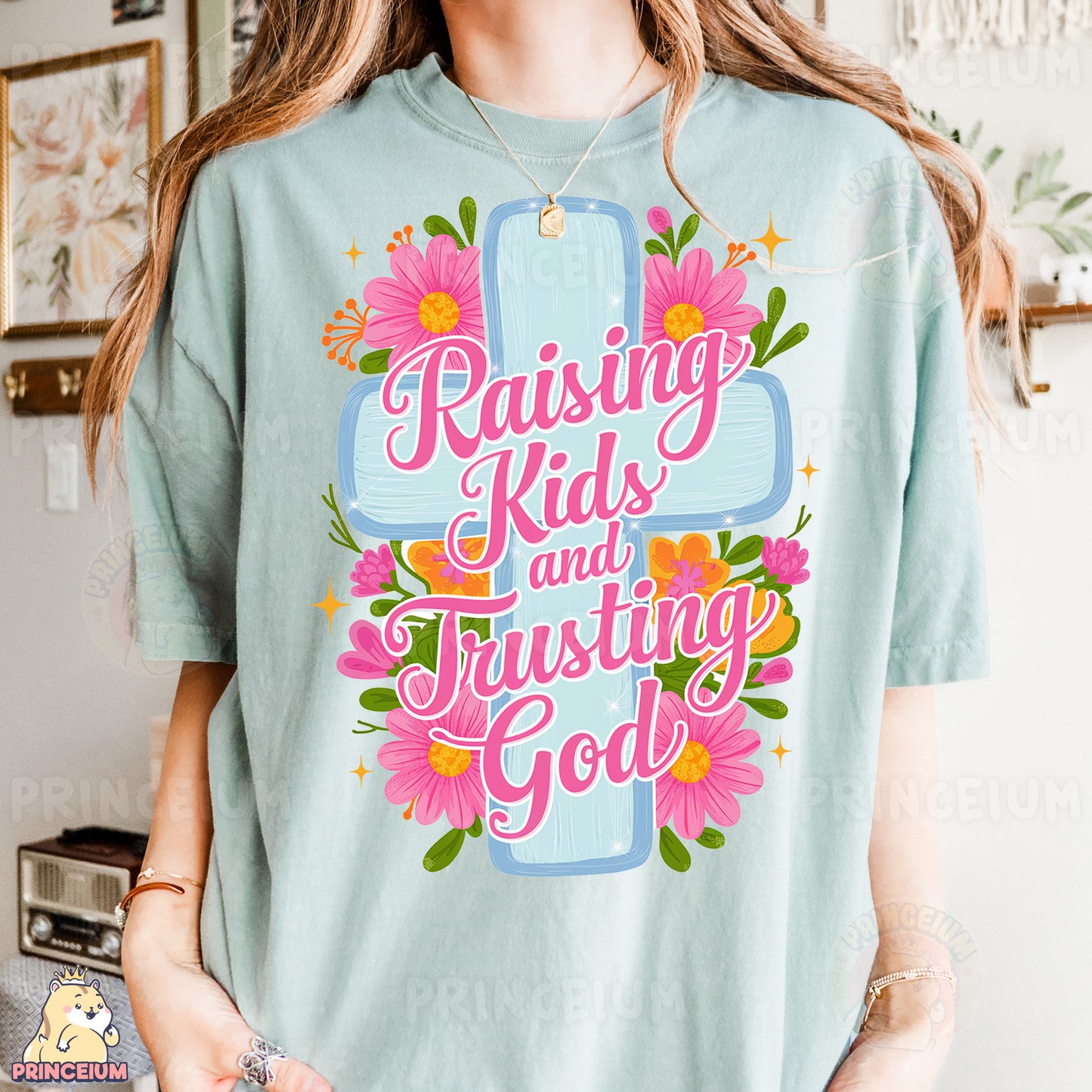 Raising Kids and Trusting God PNG | Christian Sublimation Design with Cross & Flowers