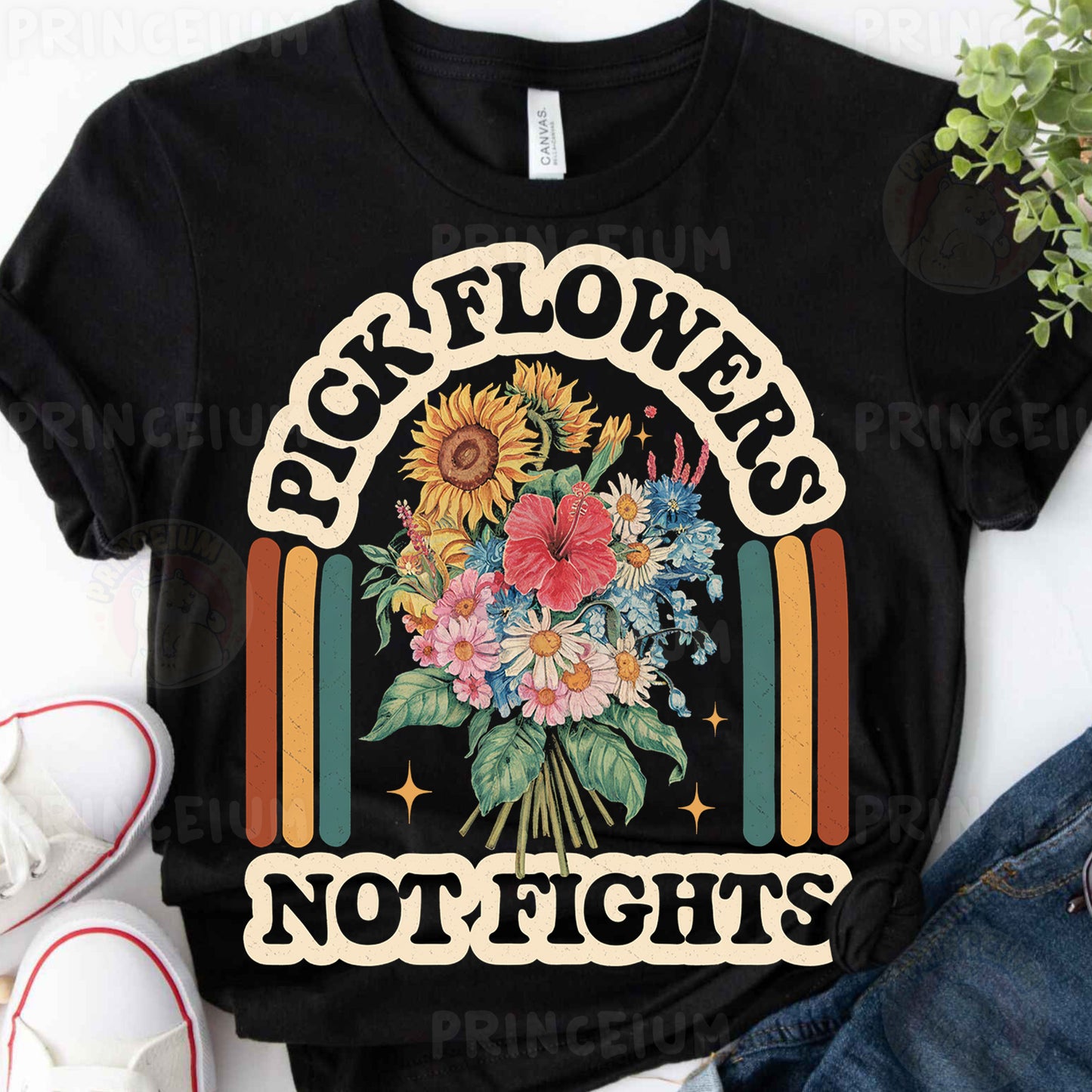 a black t - shirt with a bouquet of flowers on it