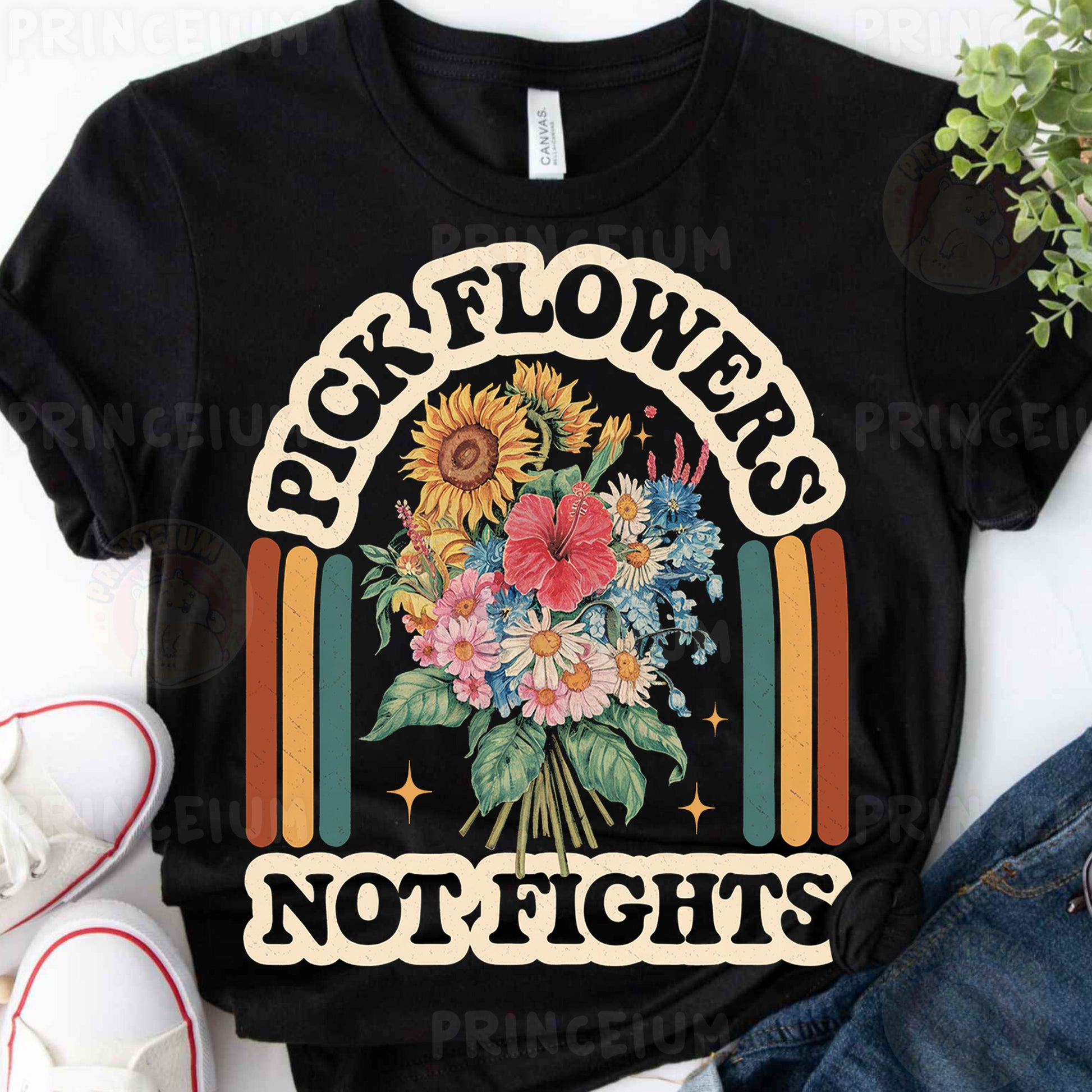 a black t - shirt with a bouquet of flowers on it