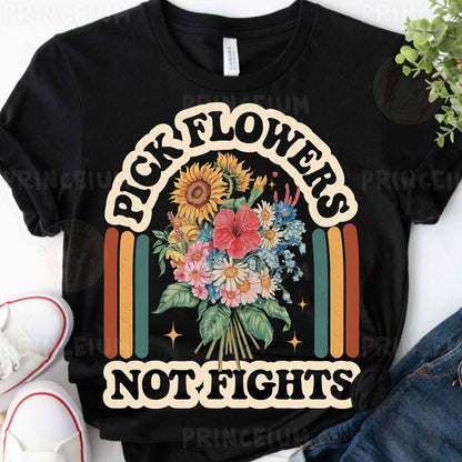 a black t - shirt with a bouquet of flowers on it