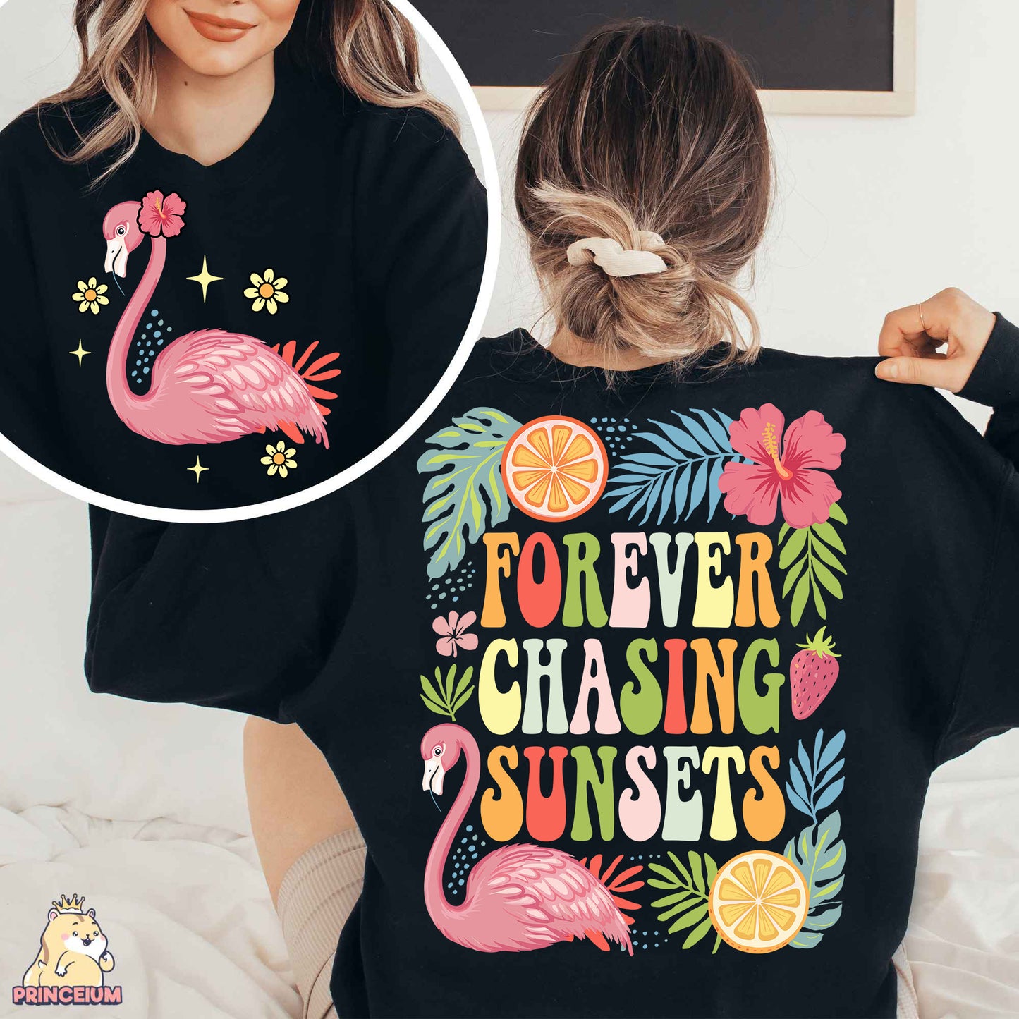 a woman wearing a t - shirt that says forever chasing sunsets