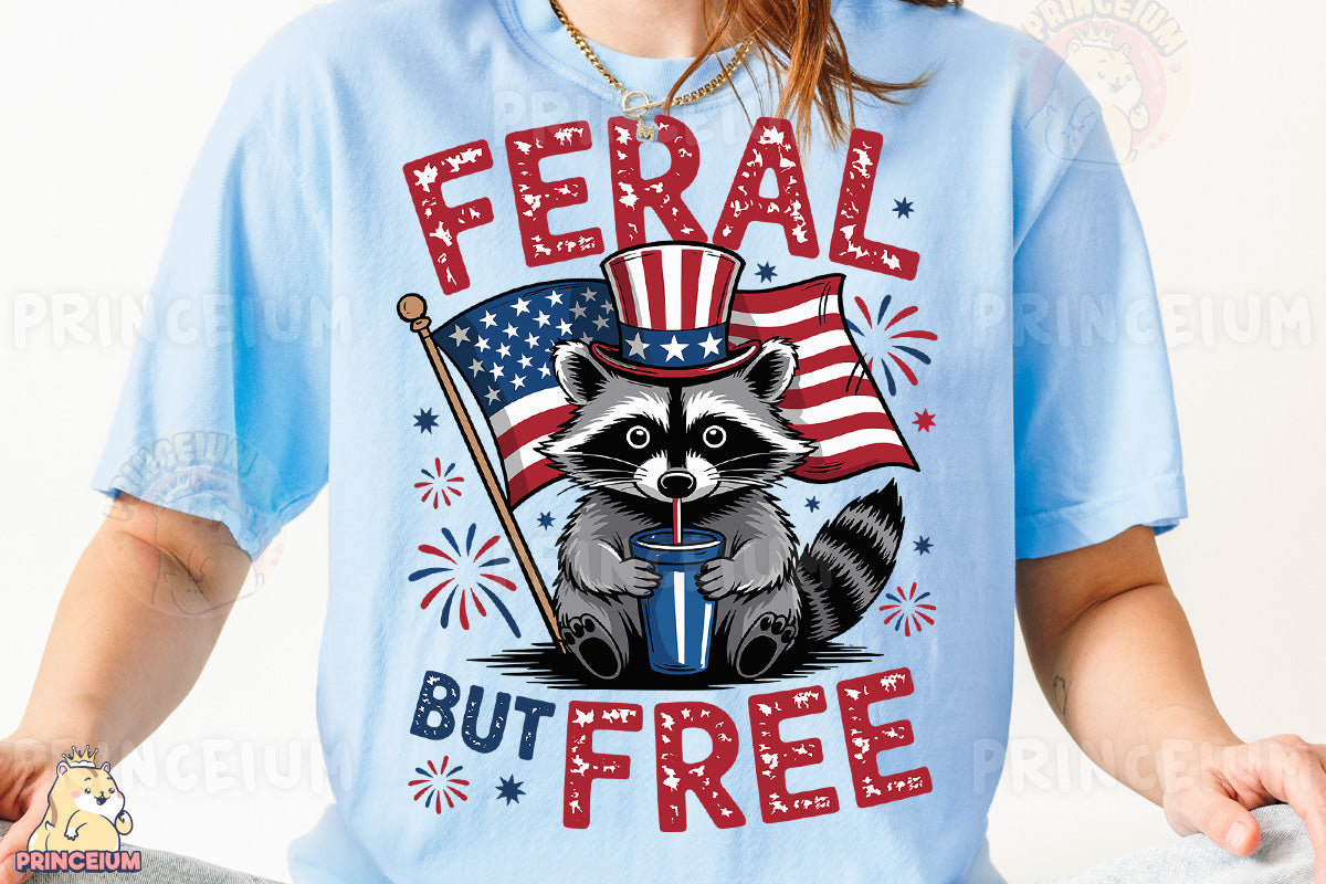 a woman wearing a t - shirt with a raccoon holding a flag