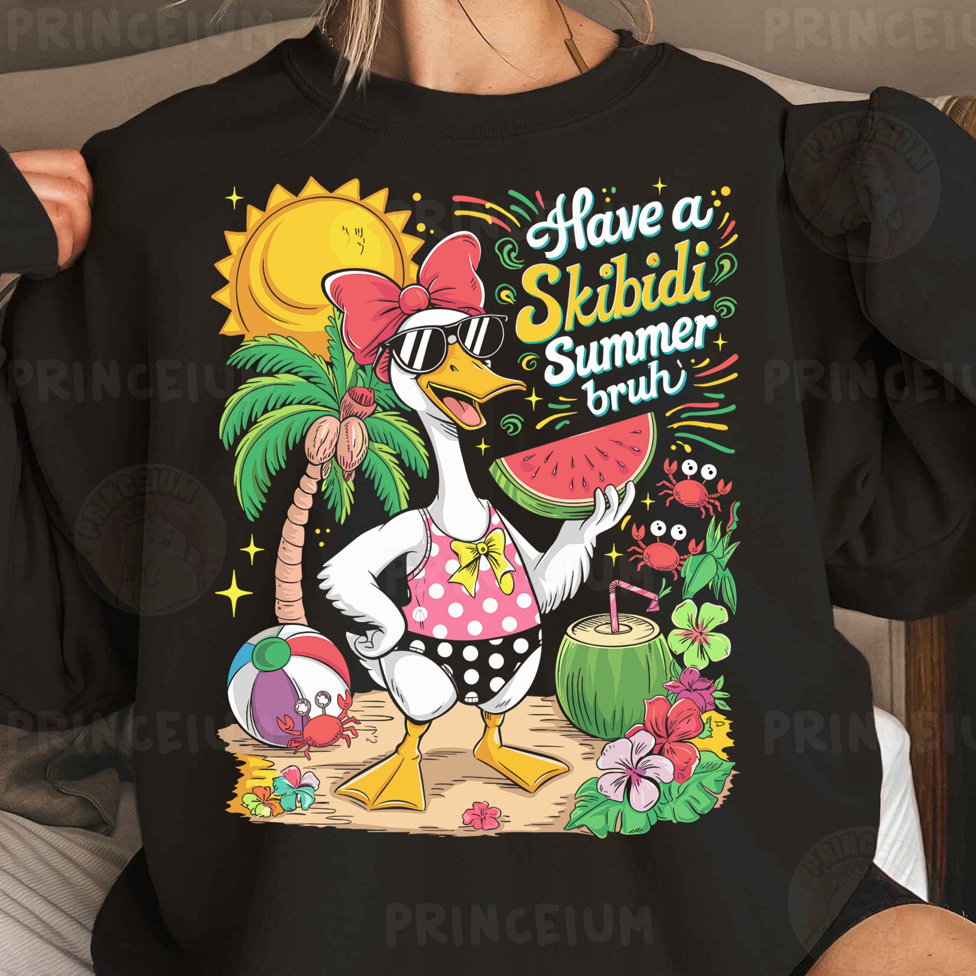 a woman wearing a black shirt with an image of a duck on it