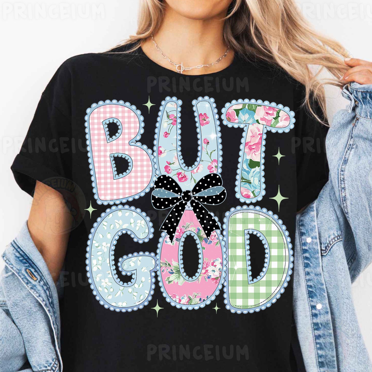 a woman wearing a black shirt that says but god