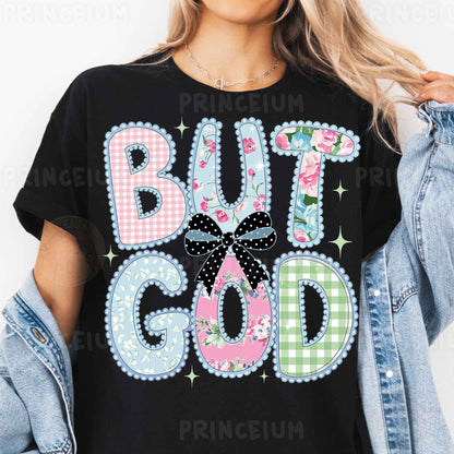 a woman wearing a black shirt that says but god