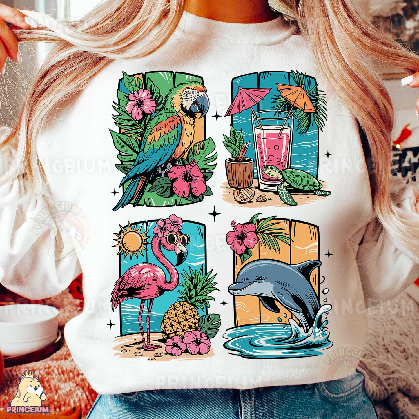 a woman wearing a t - shirt with a tropical scene on it