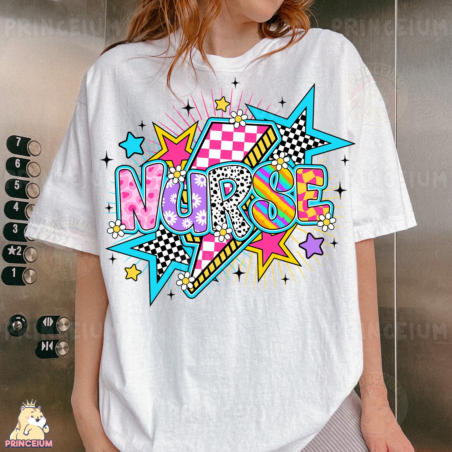 a woman wearing a white t - shirt with the word nurse on it