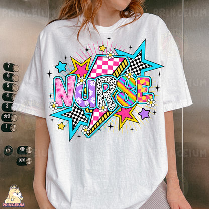 a woman wearing a white t - shirt with the word nurse on it