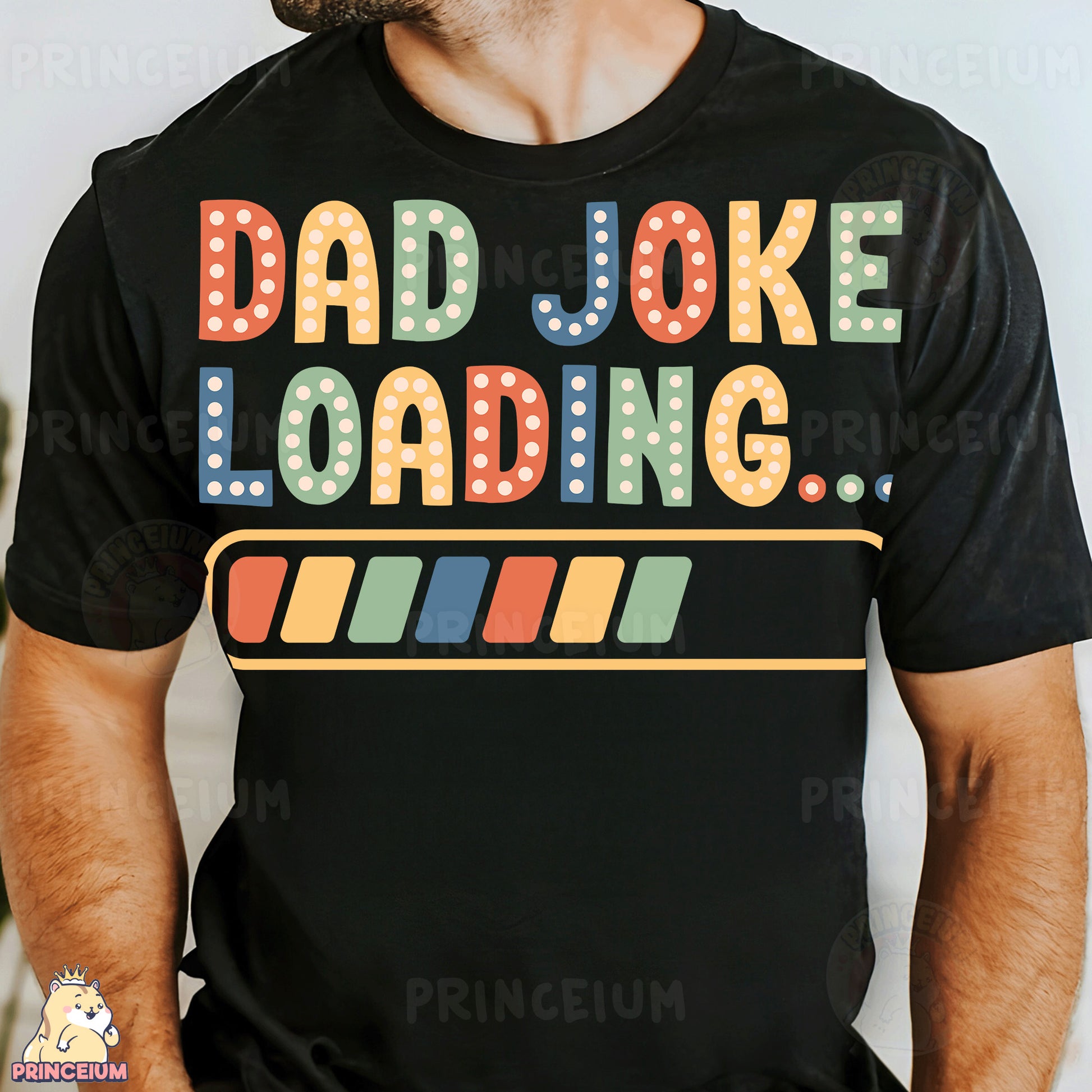 a man wearing a t - shirt that says dad joke loading