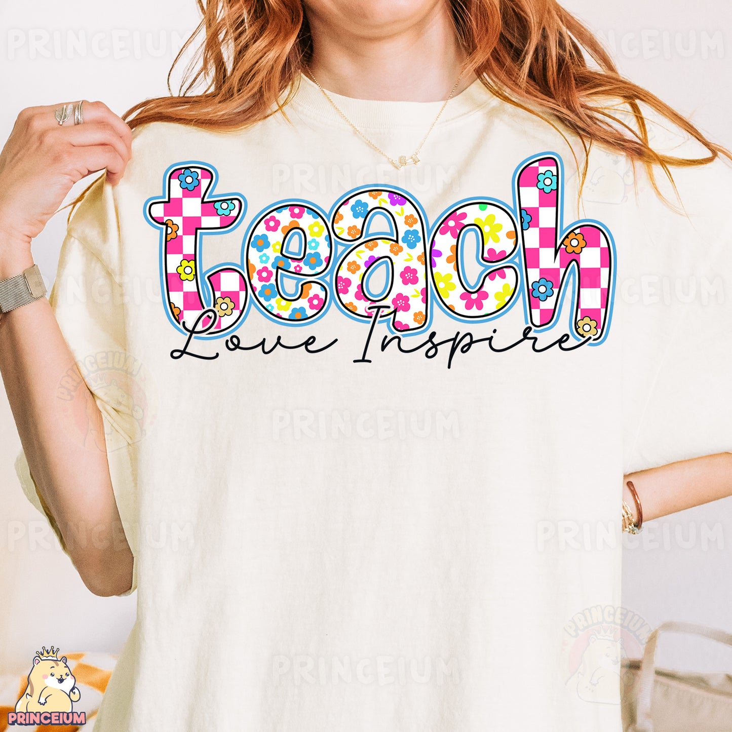 a woman wearing a t - shirt that says teach love inspires