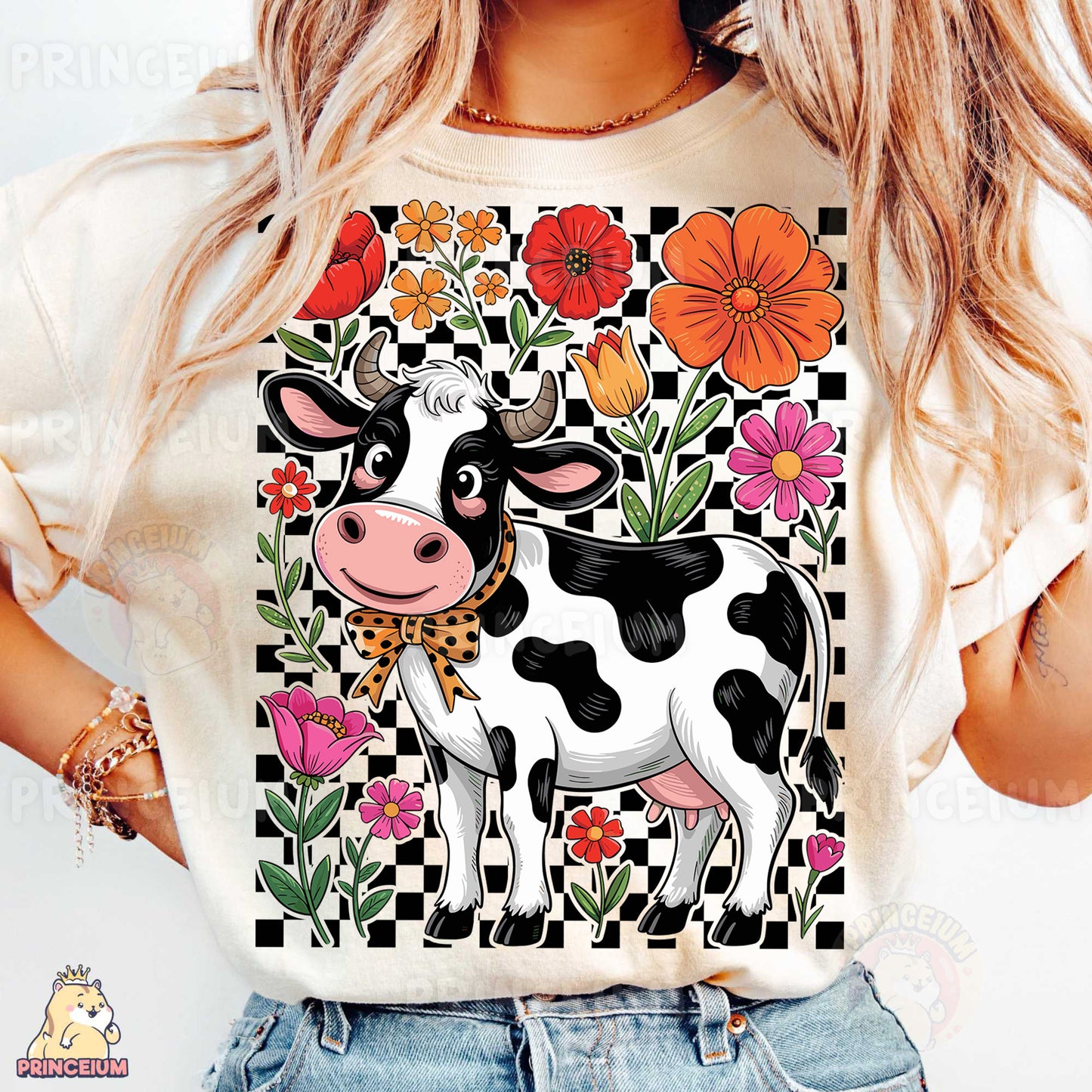 a woman wearing a t - shirt with a cow on it