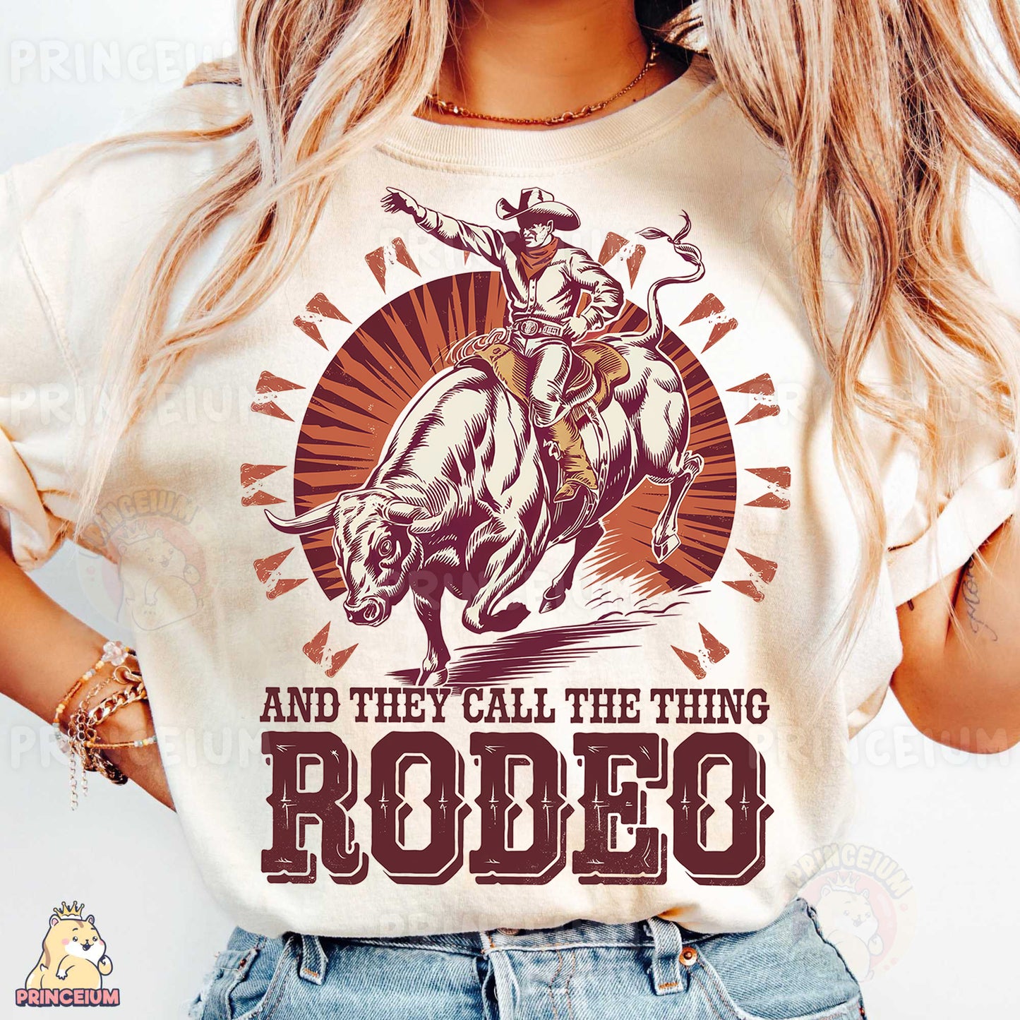 a woman wearing a rodeo t - shirt with a cowboy riding a horse