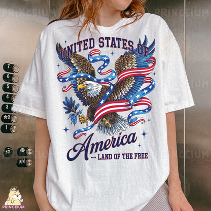 a woman wearing a united states of america t - shirt