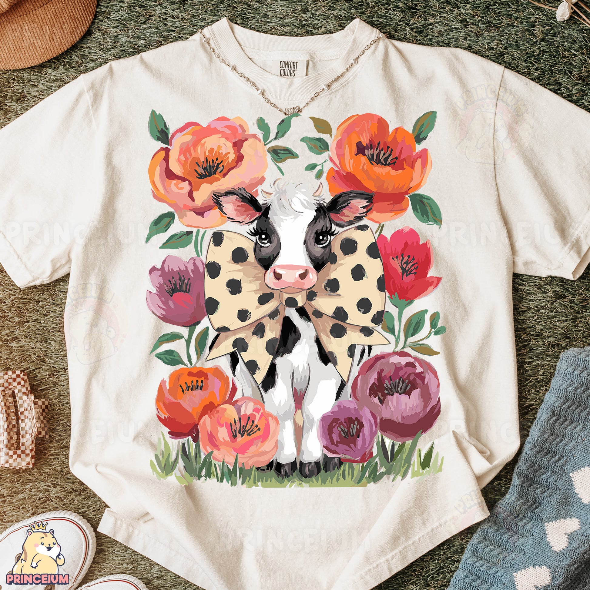 a white shirt with a cow and flowers on it