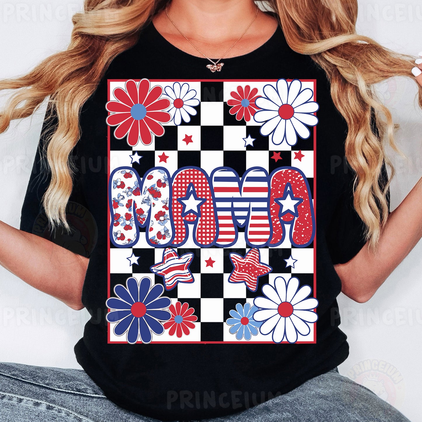 a woman wearing a black t - shirt with red, white, and blue flowers