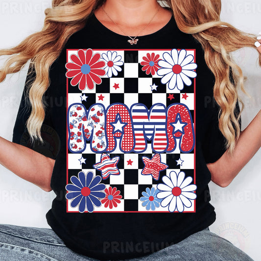 a woman wearing a black t - shirt with red, white, and blue flowers