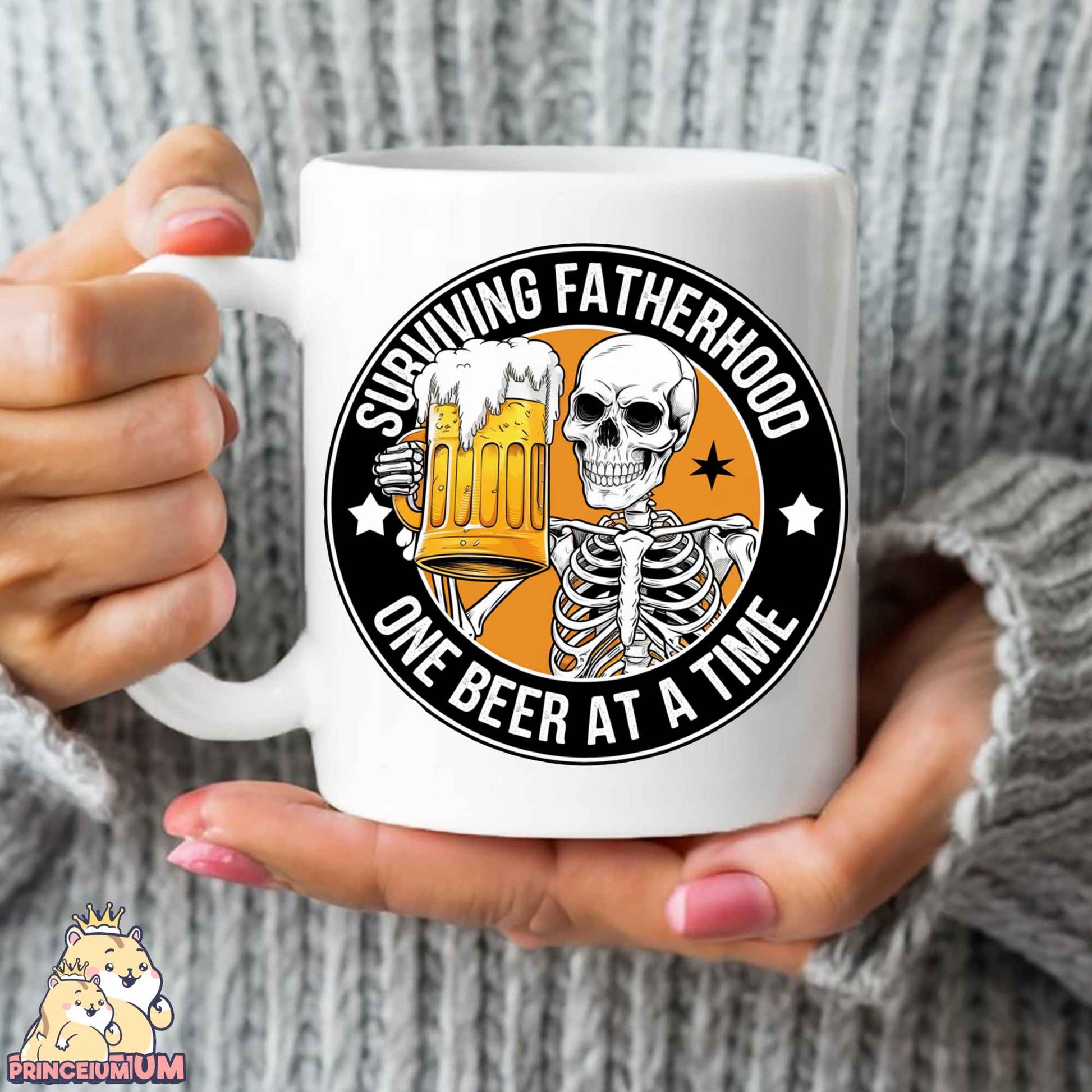 a person holding a coffee mug with a skeleton on it