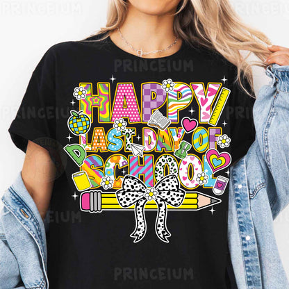 a woman wearing a black happy birthday shirt