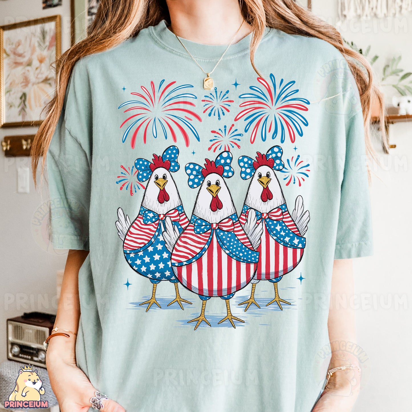 a woman wearing a t - shirt with three chickens on it