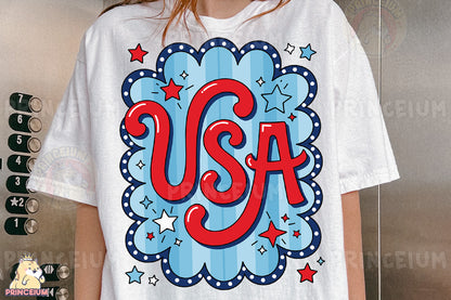 a woman wearing a usa t - shirt with stars