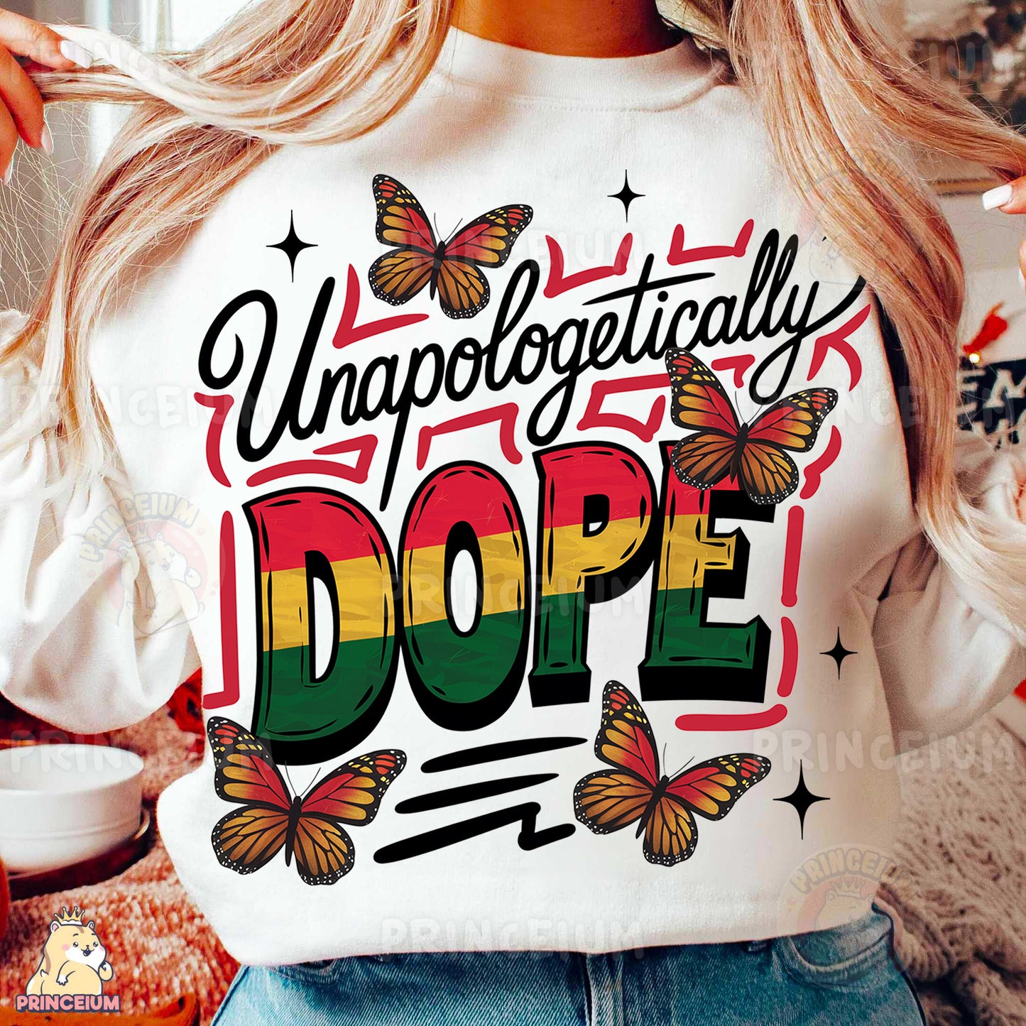 a woman wearing a white shirt with a colorful dope on it