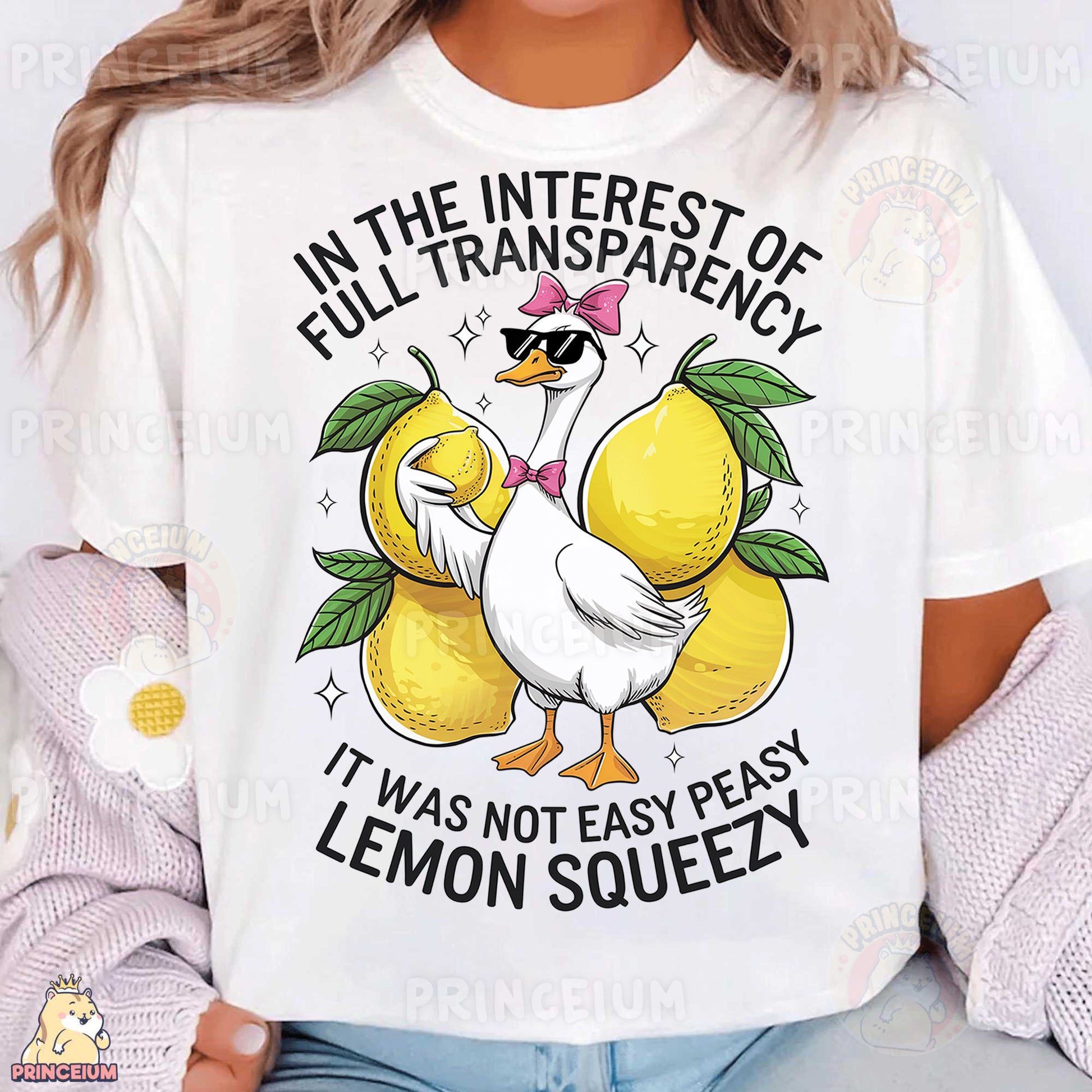 a woman wearing a white t - shirt with lemons on it