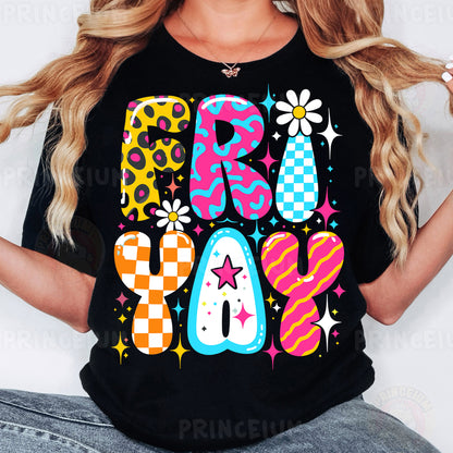 a woman wearing a black shirt with colorful letters