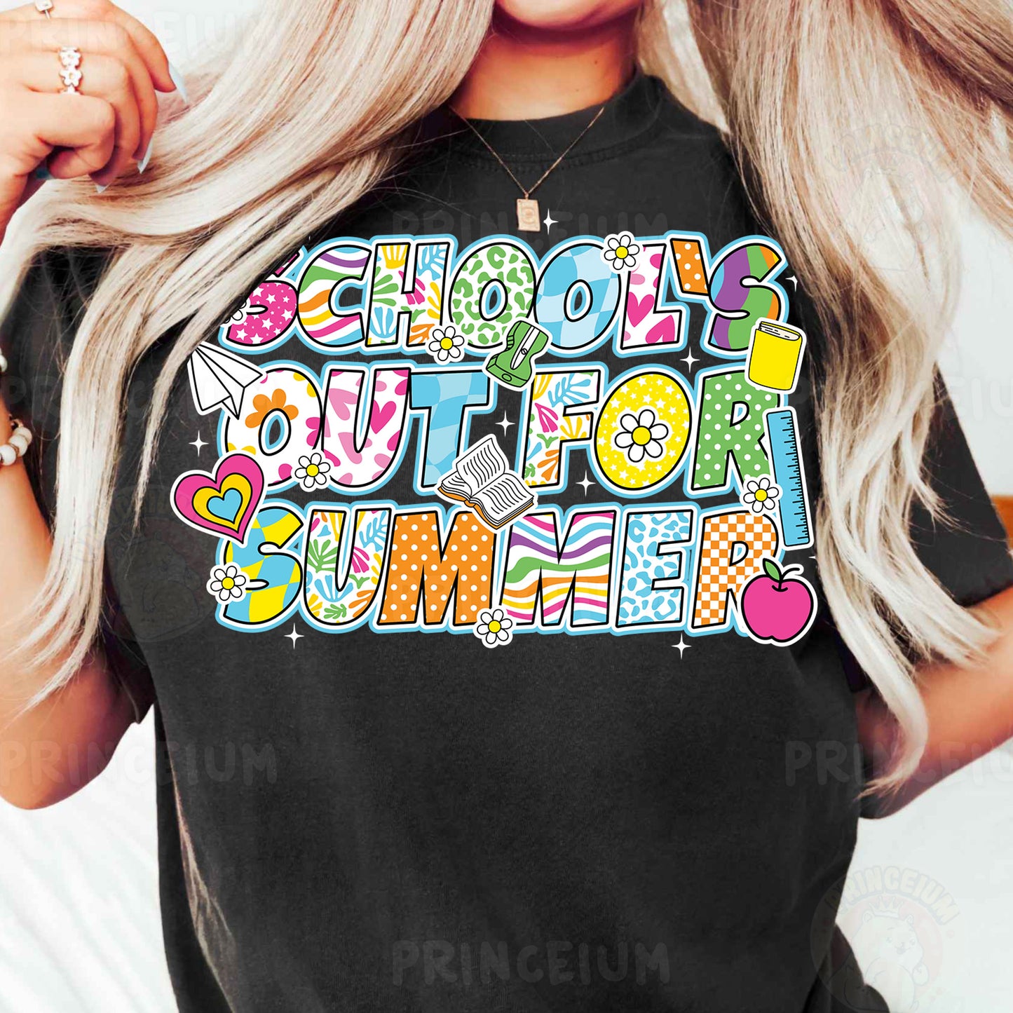 a woman wearing a black shirt that says school is out of summer