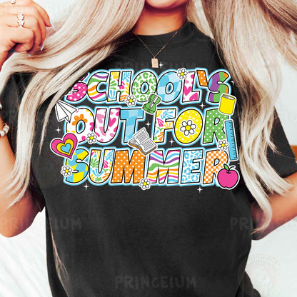 a woman wearing a black shirt that says school is out of summer