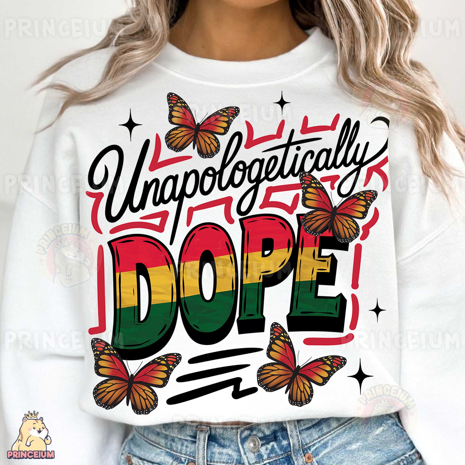 a woman wearing a white sweatshirt with a raspberry dope on it