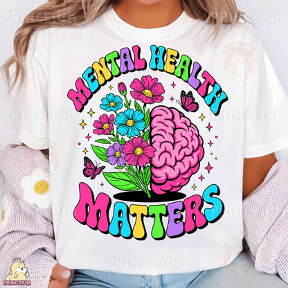 a woman wearing a t - shirt that says mental healthy matters