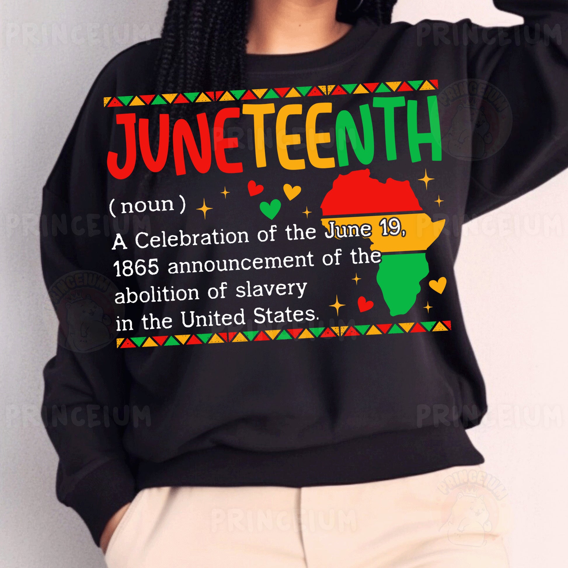 a woman wearing a black sweater with a message on it