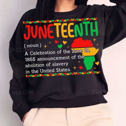 a woman wearing a black sweater with a message on it