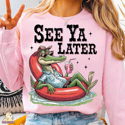 a woman wearing a pink shirt that says see ya later