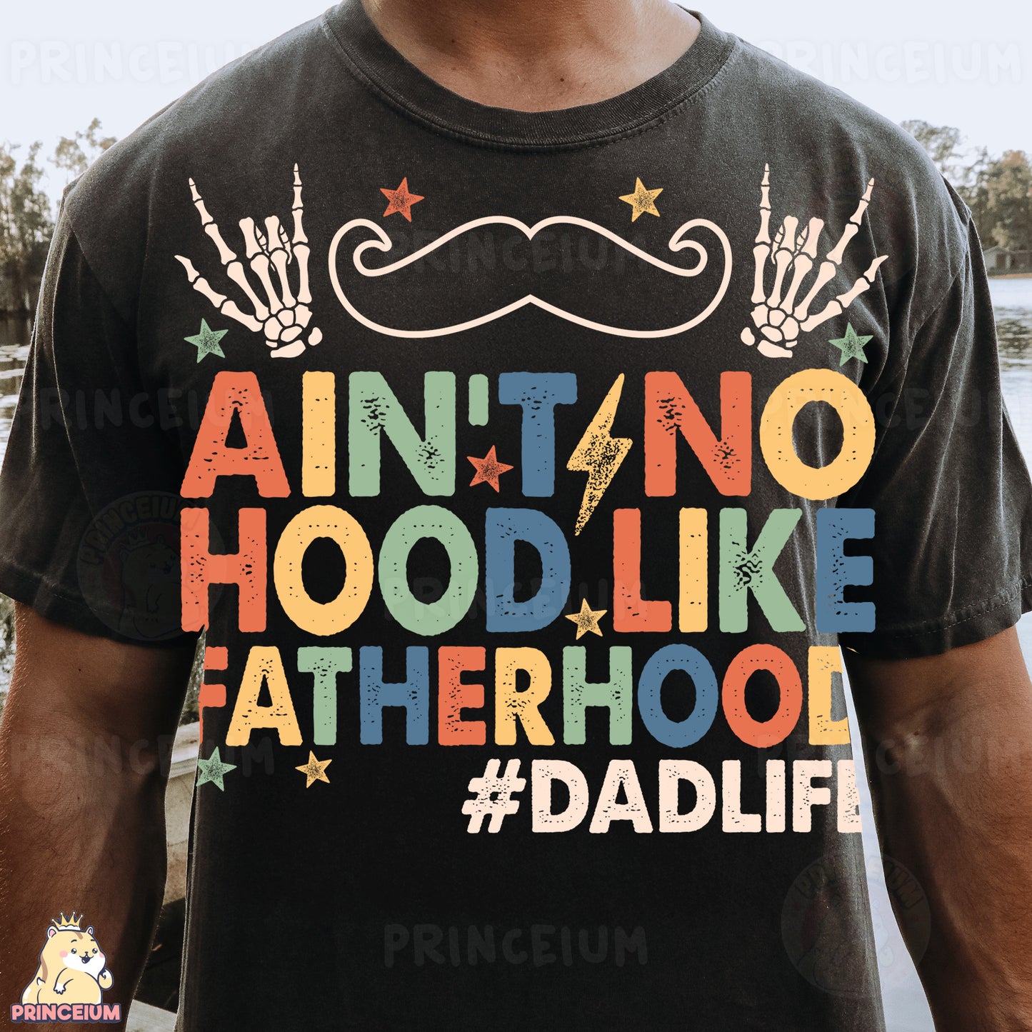 a man wearing a t - shirt with a mustache and stars on it