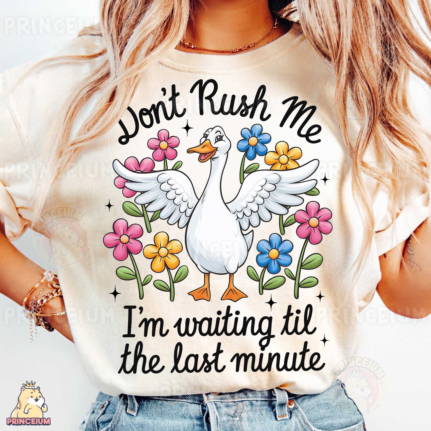 a woman wearing a t - shirt that says don't rush me i '