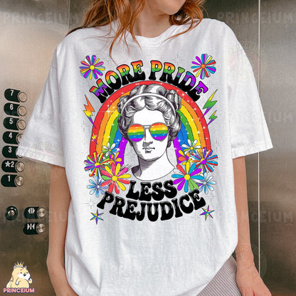 a woman wearing a white t - shirt with the words more pride less preju