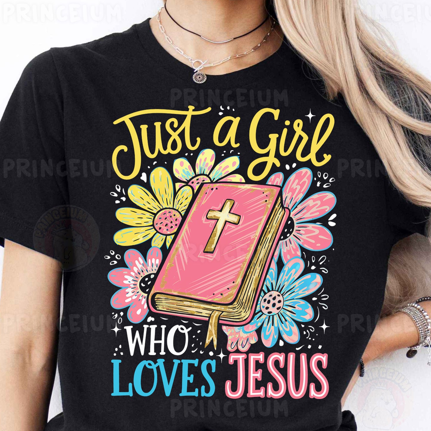 a woman wearing a t - shirt that says just a girl who loves jesus