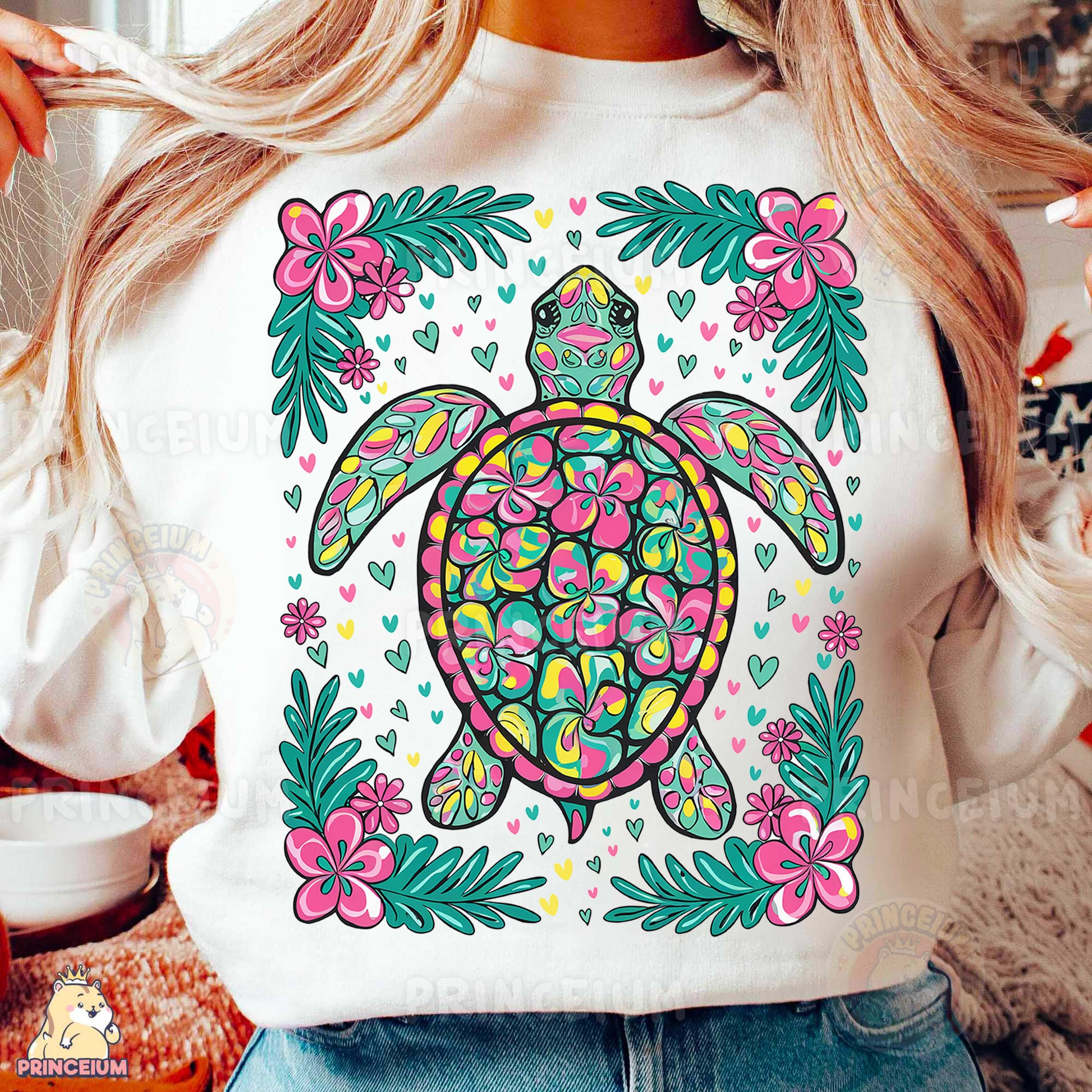 a woman wearing a white shirt with a turtle on it