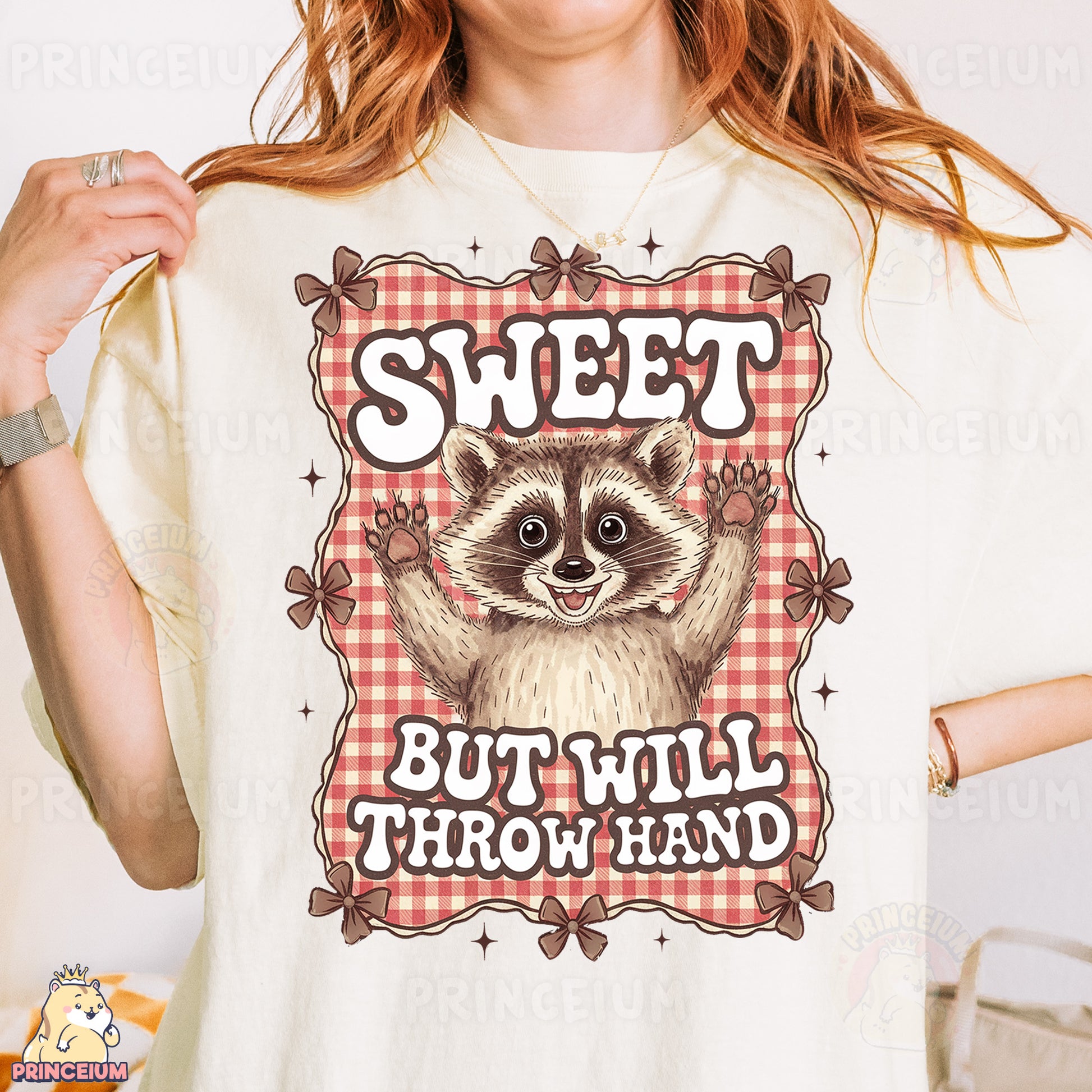 a woman wearing a t - shirt that says sweet but will throw hand