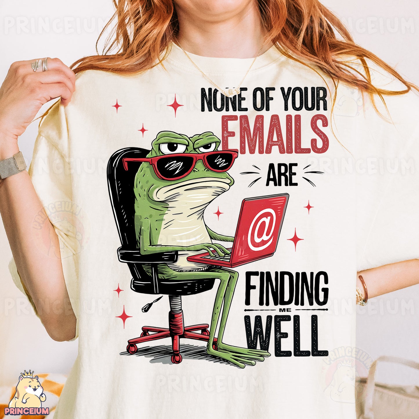 a woman wearing a t - shirt that says none of your emails are finding well