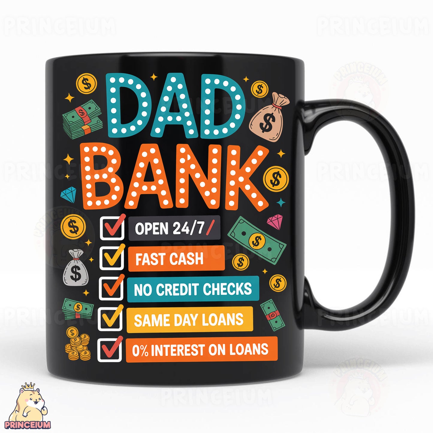 a black coffee mug with the words dad bank on it