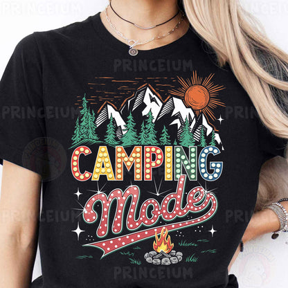 a woman wearing a black camping mode t - shirt