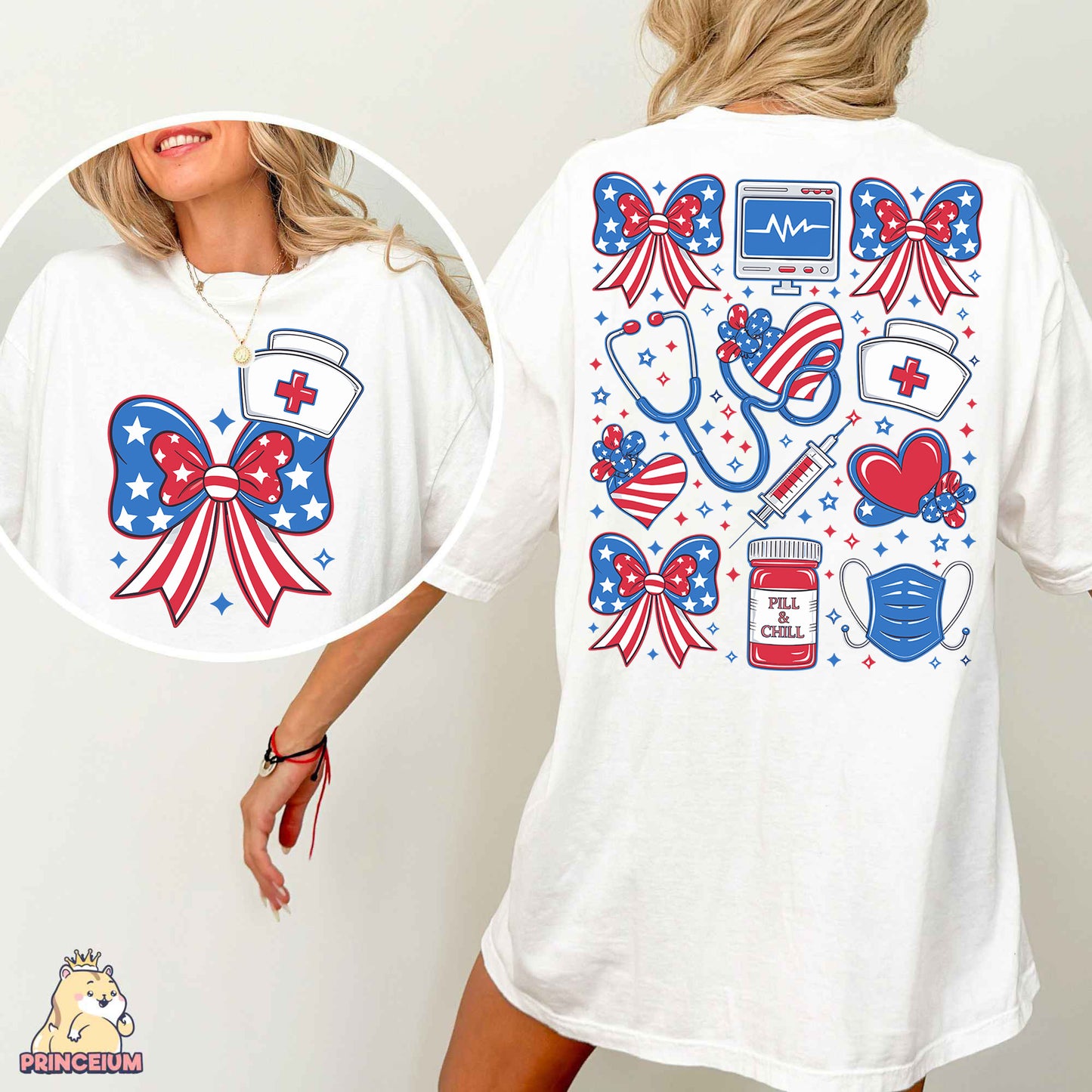 a woman wearing a white shirt with red, white, and blue designs