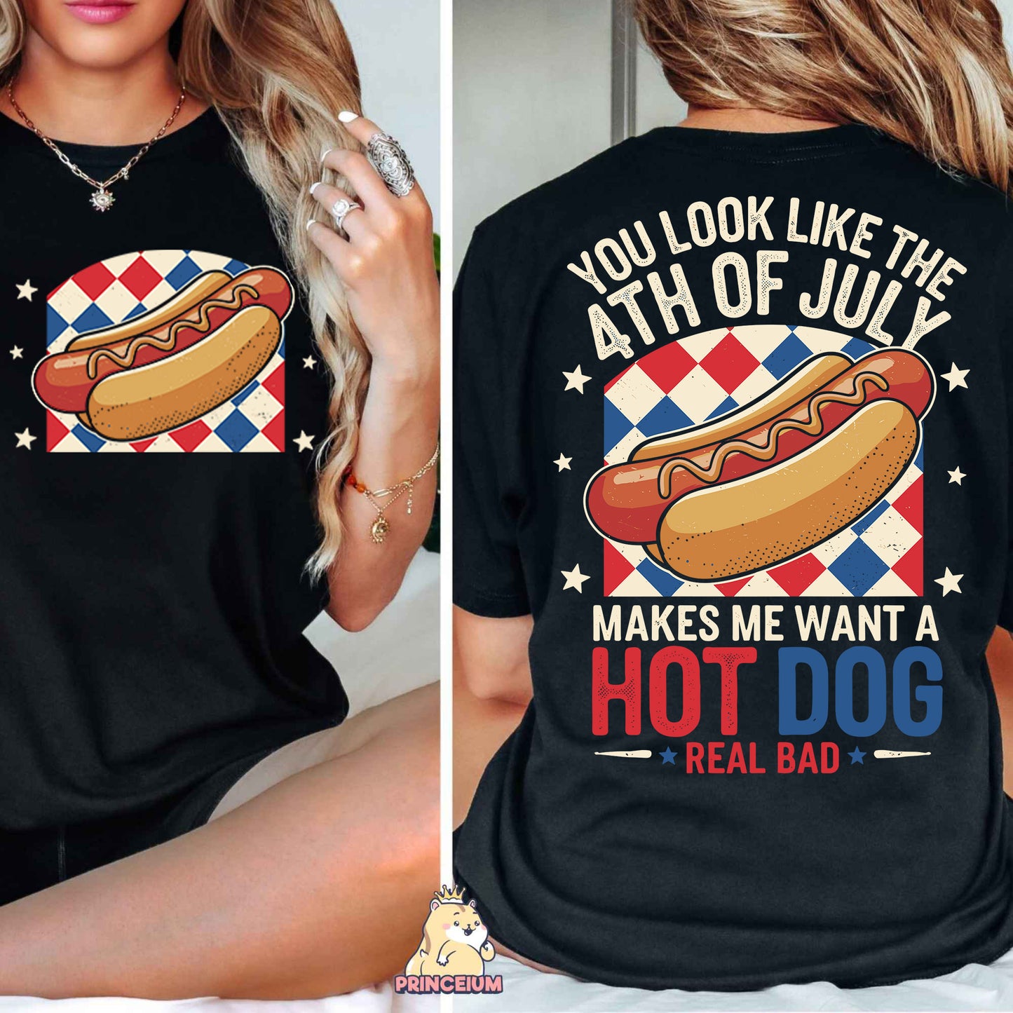 a woman wearing a black shirt with a hot dog on it
