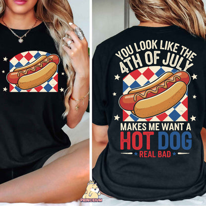 a woman wearing a black shirt with a hot dog on it