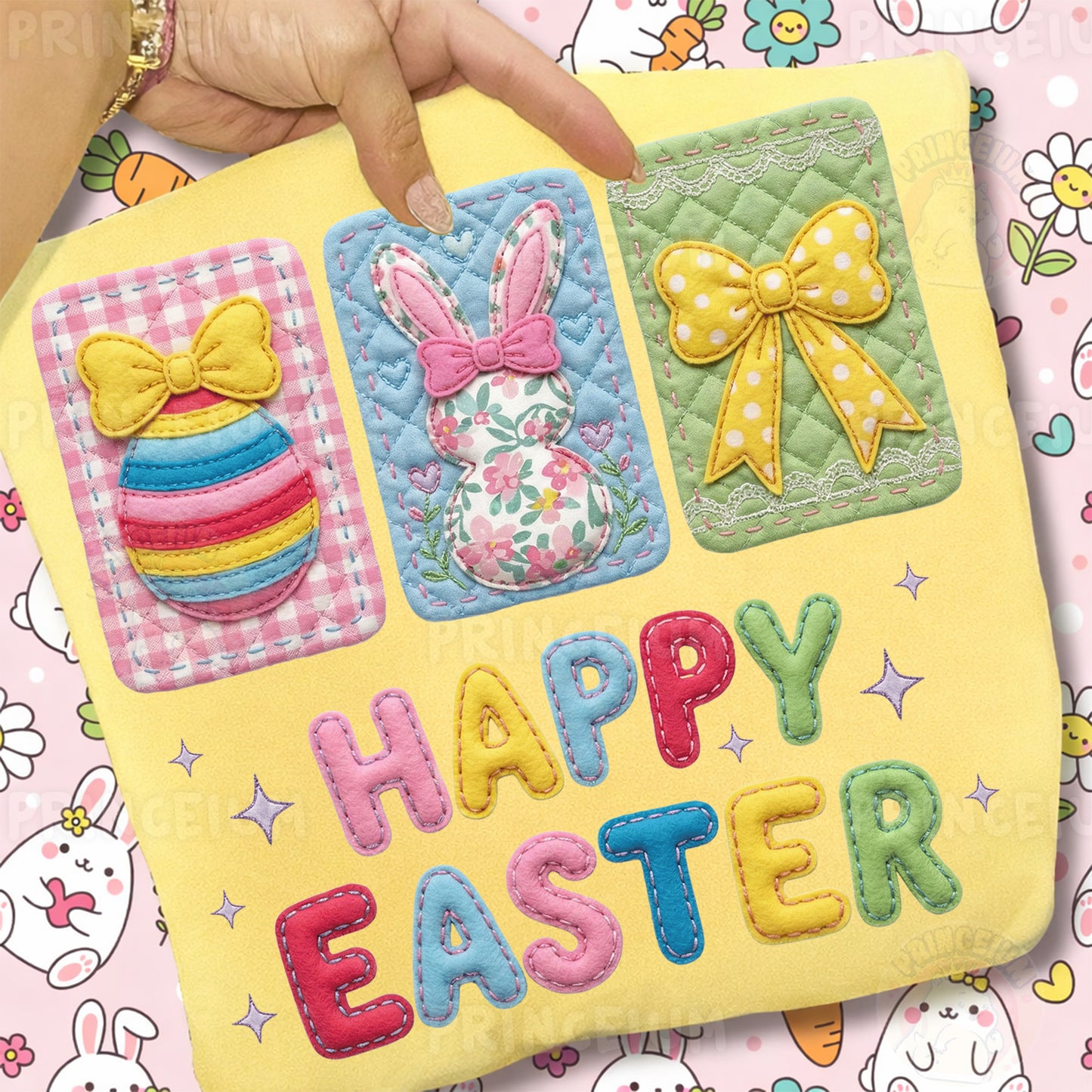 Happy Easter PNG, Patchwork Bunny Egg Bow Cards Art, Cute Colorful Spring Clipart Design